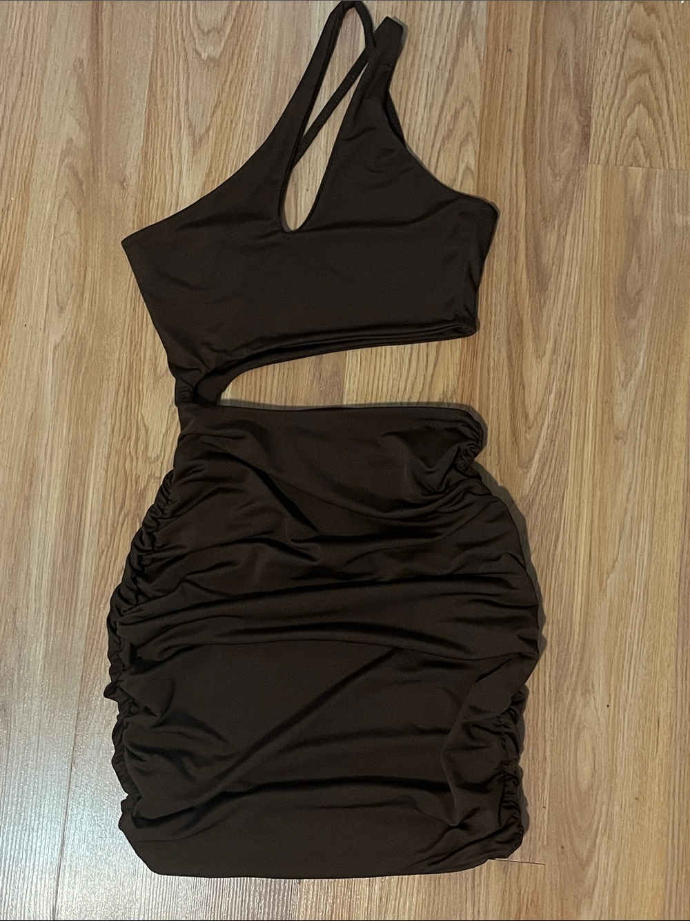 SHEIN One-Shoulder Cutout Ruched Mini Dress in Chocolate